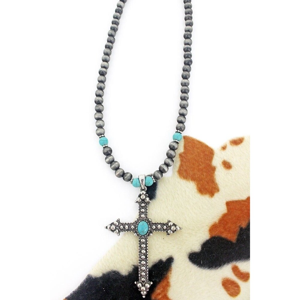 Western Turquoise Cross Pendant Necklace Burnished Cowgirl Beaded Boho Jewelry